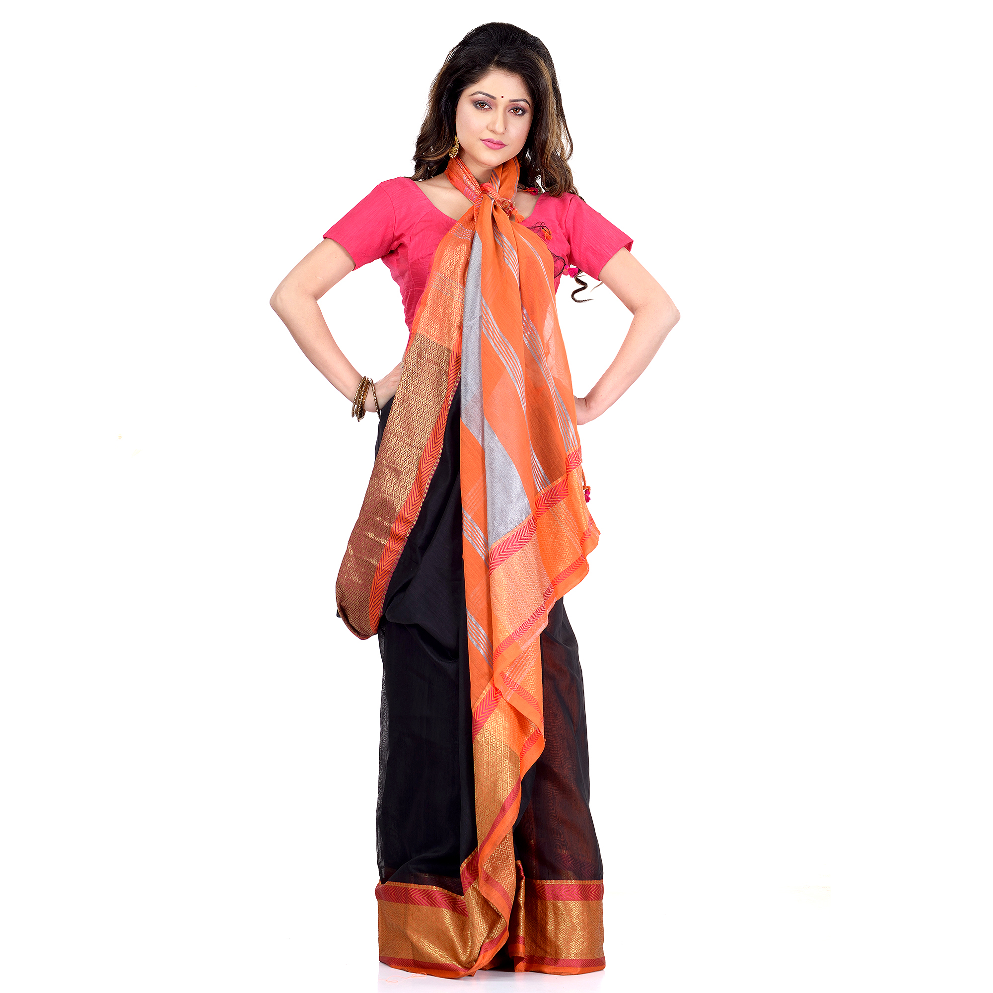  DESH BIDESH Women`s Handloom Cotton Silk Saree Jacquard Maheswari Design Zari Work With Blouse Piece(Black Orange)